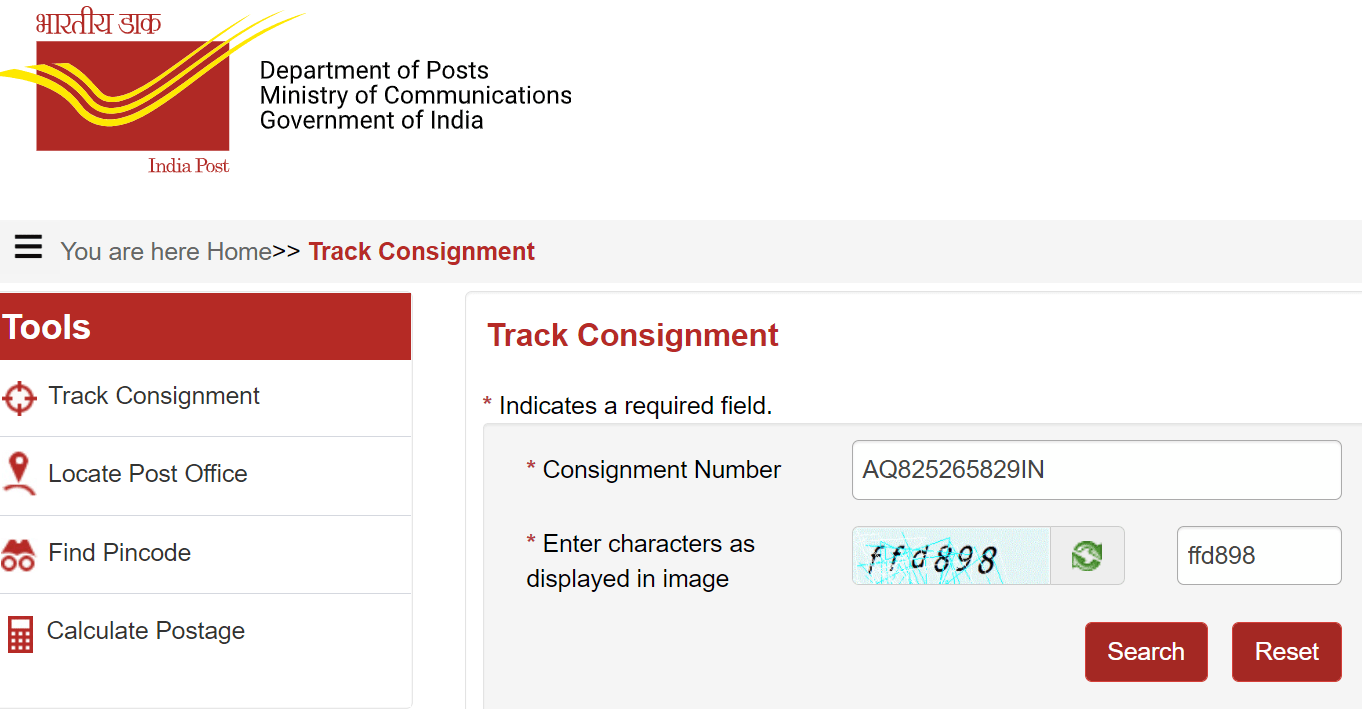 India post tracking number