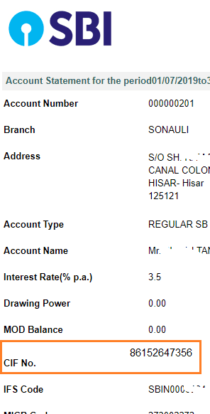 cif number in sbi account statement