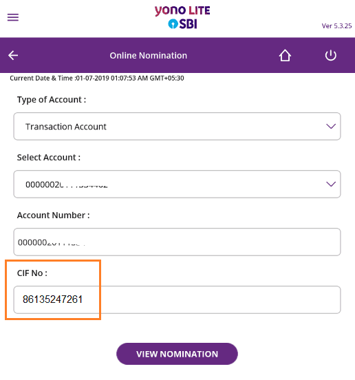 cif number in SBI Anywhere Yono Lite 