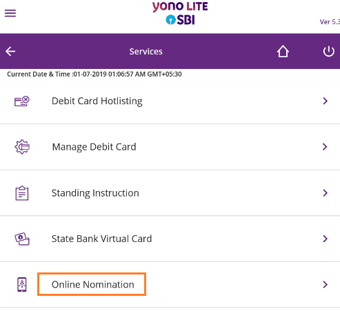 online nomination SBI Anywhere Yono Lite 