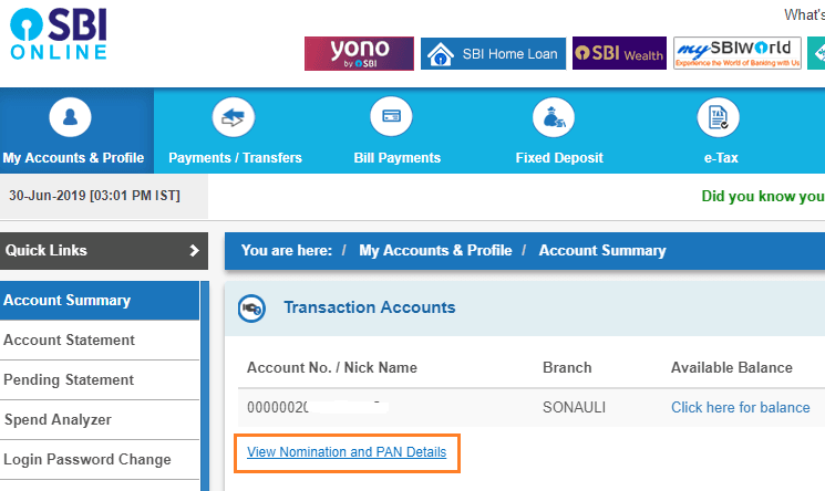 view nomination and pan details online sbi