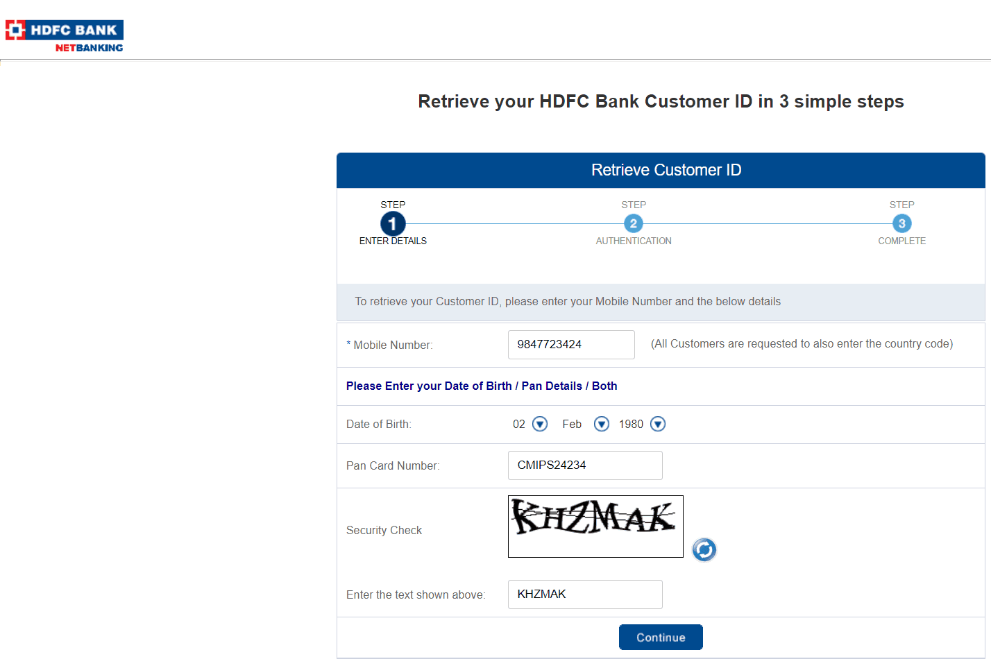 retrieve hdfc customer id online