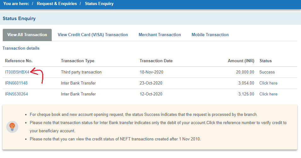 sbi transaction status enquiry using reference number
