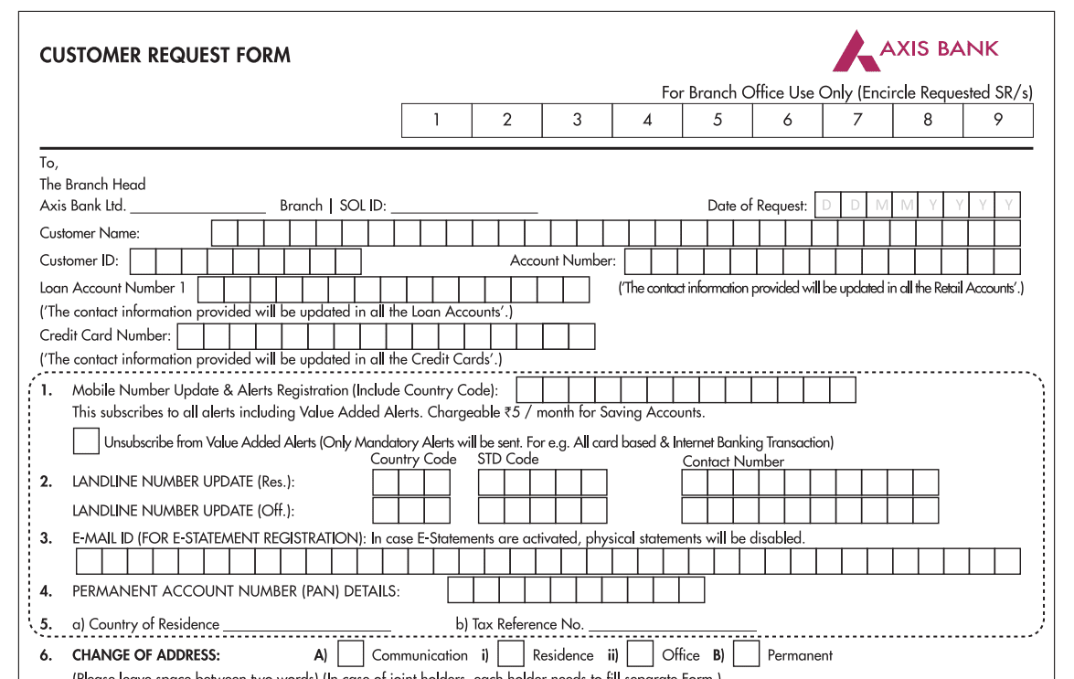 axis bank mobile number update form