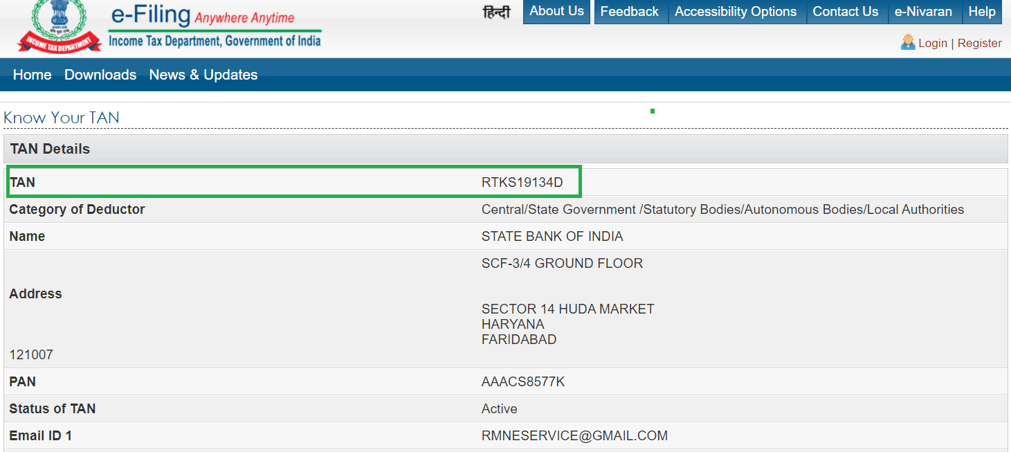 sbi tan number for your branch