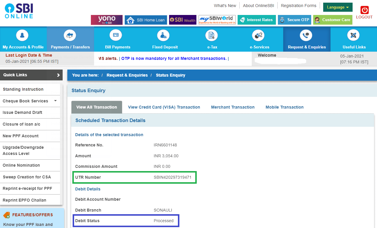 utr number status online sbi