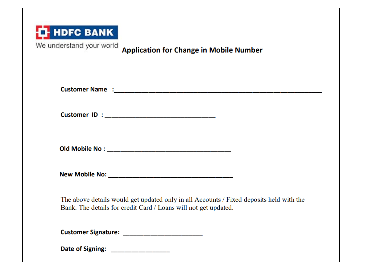 hdfc bank mobile number change form