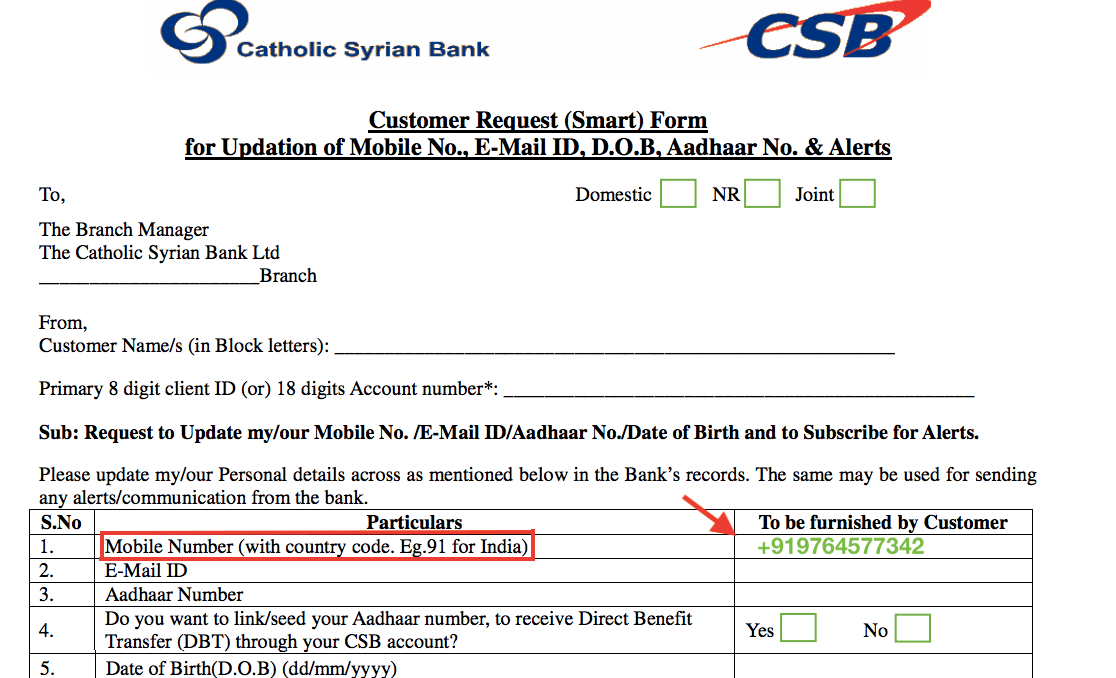 Register or Change Mobile Number in CSB Bank