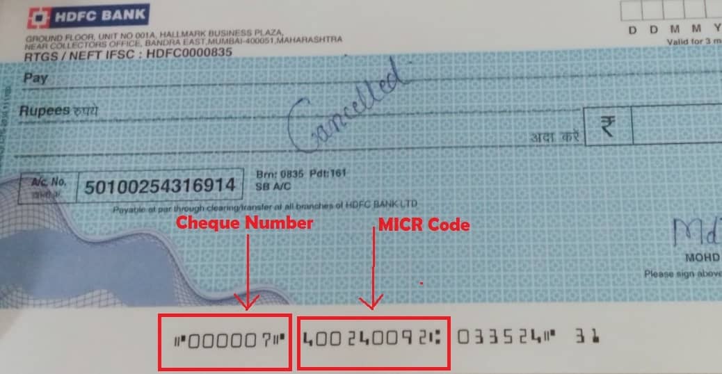 Cheque Number and MICR Code in hdfc bank