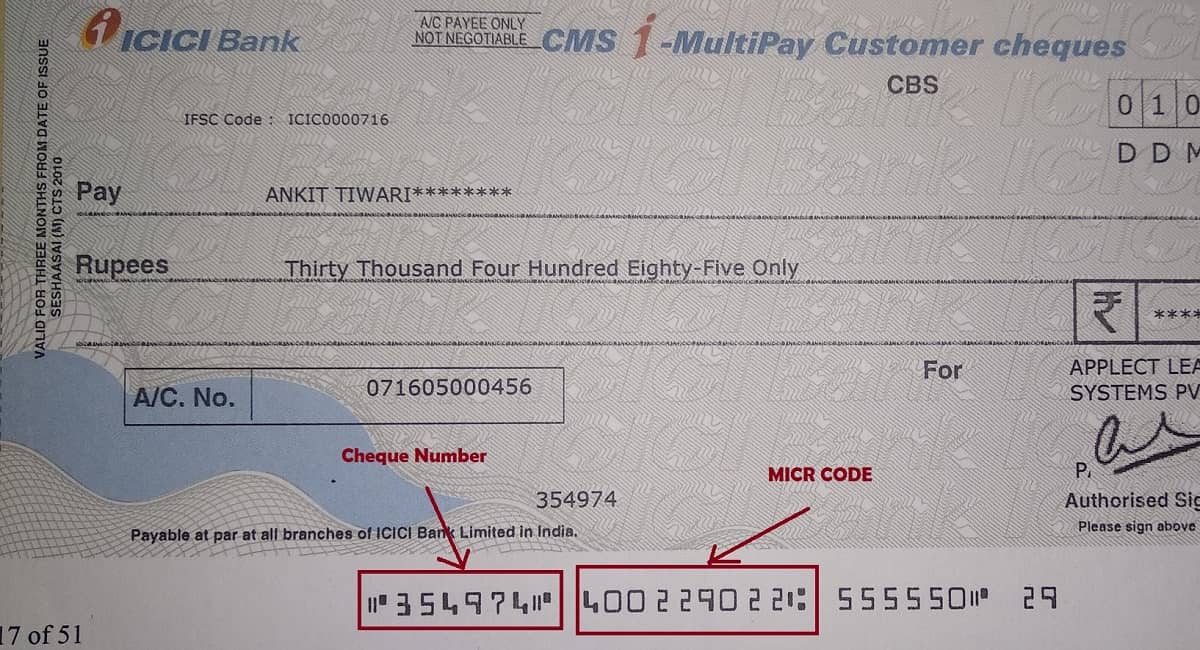 Cheque Number and MICR Code in icici bank