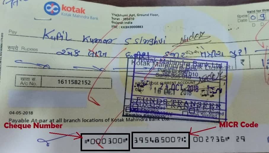 Cheque Number and MICR Code in kotak bank