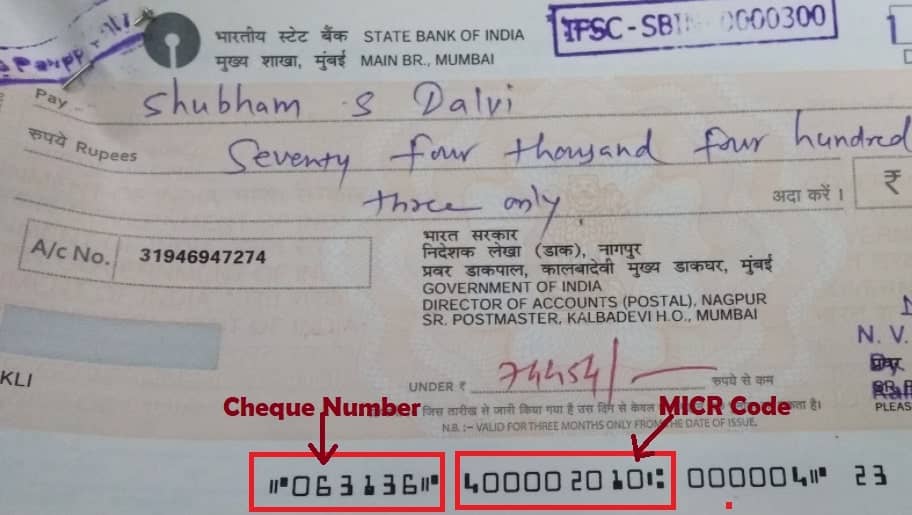 Cheque Number and MICR Code in sbi