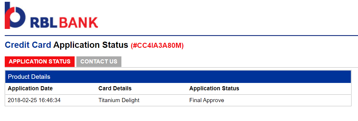 RBL Bank Credit Card Application Status approved