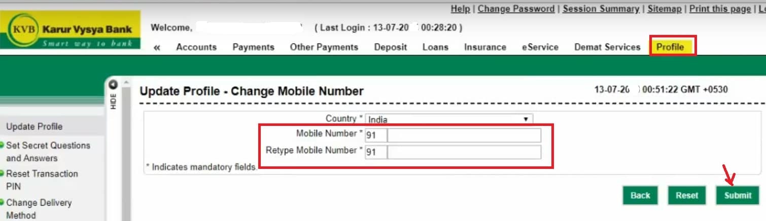 Register or Change Phone Number in Karur Vysya bank Online