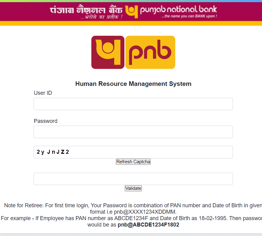 PNB Parivar HRMS Login Page