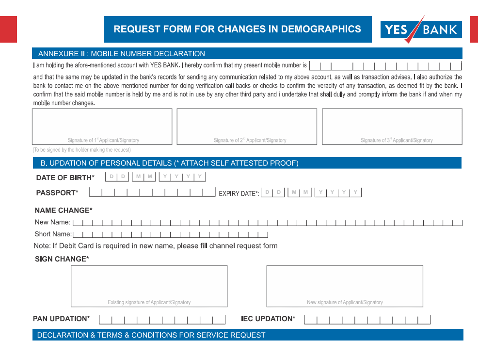 Register Change Mobile Number form for Yes Bank