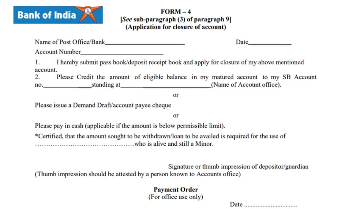 bank of india account closure form