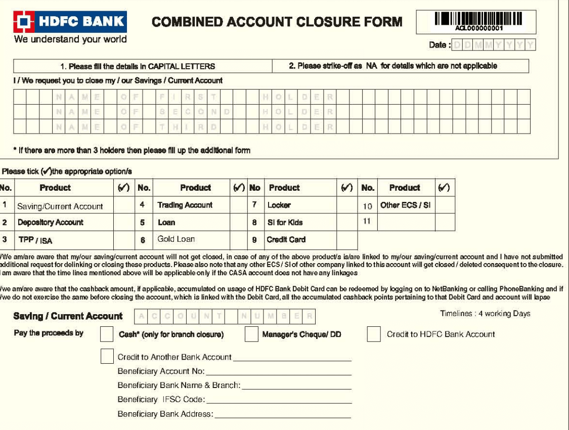 download online hdfc bank account closure form