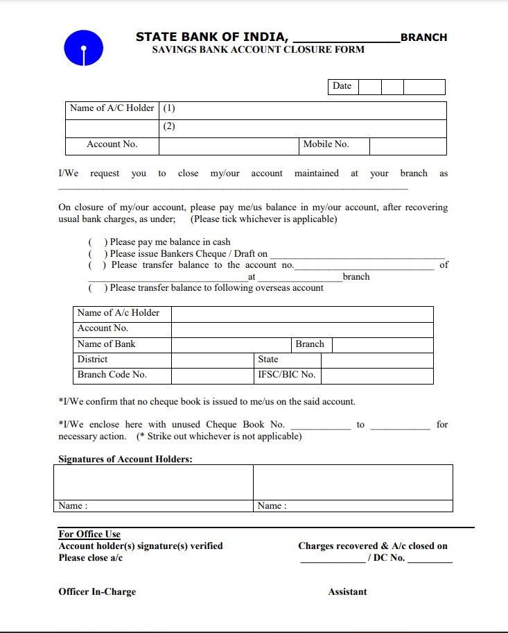 sbi account closure form