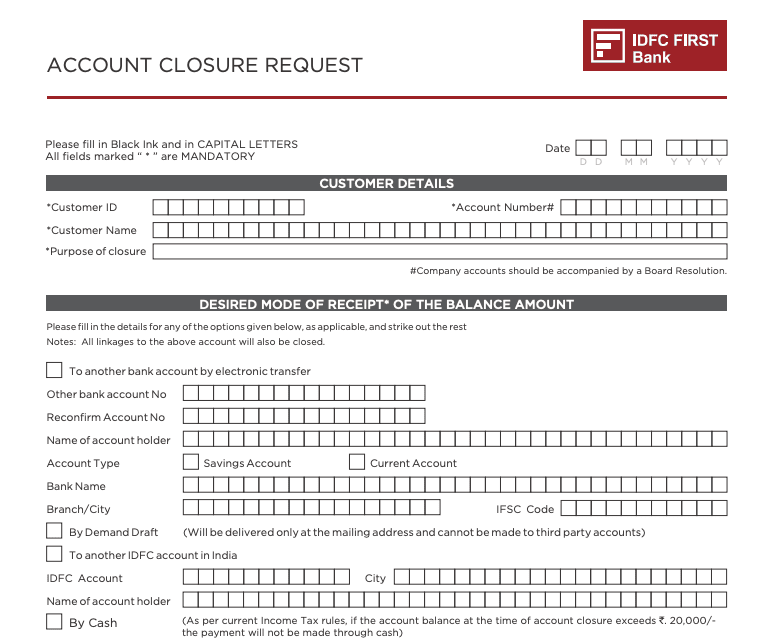 idfc first bank account closure form