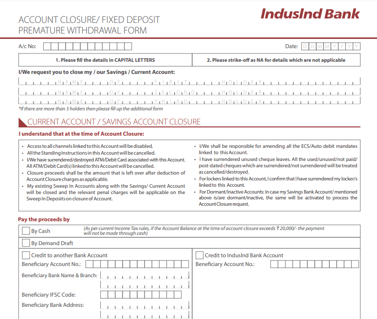indusind bank account closure form