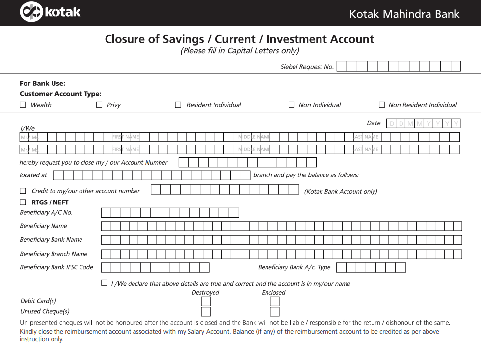 kotak bank account closure form