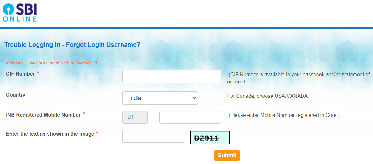 enter cif number to set yono sbi username password