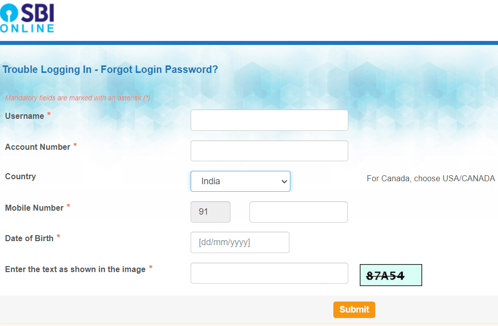 enter account details to set yono sbi login password